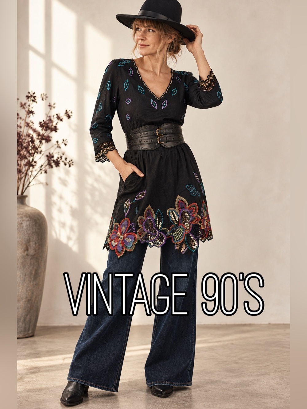 Vintage Hibis Embroidered Cutwork Boho Tunic Dress Black Floral Artsy 90's